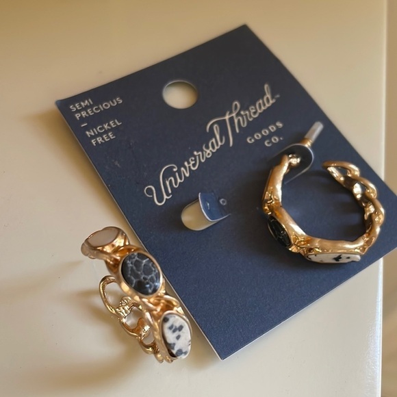 Universal Thread Gold Tone Hoop Semi Precious Black White Earrings New - Picture 1 of 5